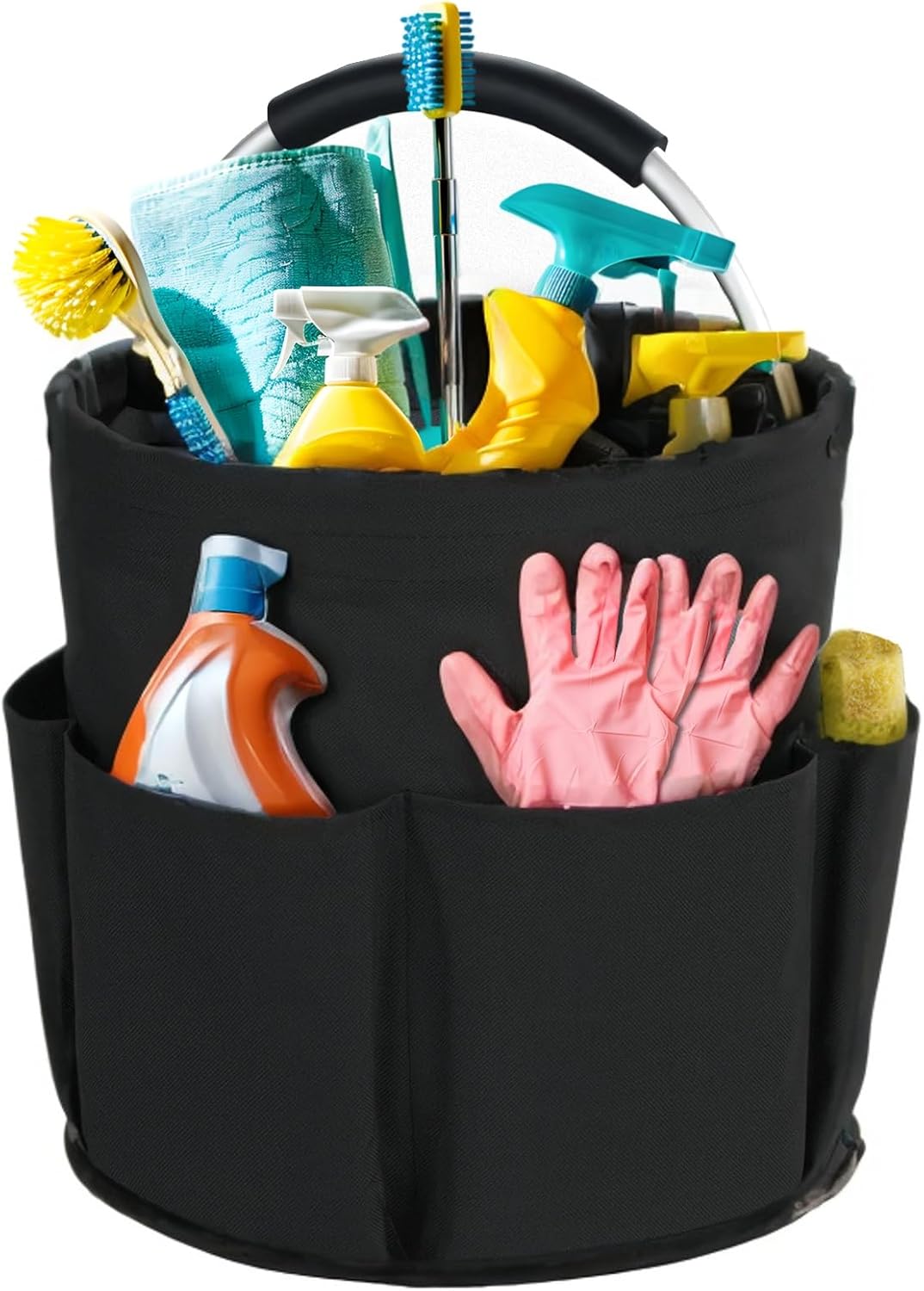 Black Foldable Cleaning Caddy with 6 Outer Pockets: 17L Collapsible Storage Basket for Household, Bathroom, Picnic & Beach – Durable Oxford Cloth Organizer | Other colors available in store
