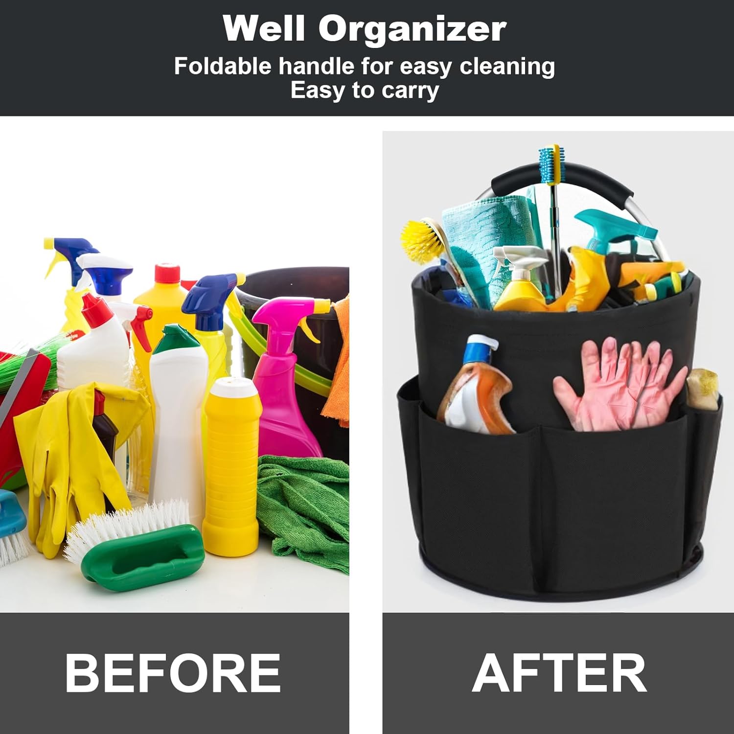 Black Foldable Cleaning Caddy with 6 Outer Pockets: 17L Collapsible Storage Basket for Household, Bathroom, Picnic & Beach – Durable Oxford Cloth Organizer | Other colors available in store