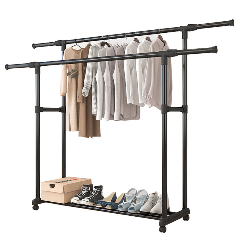 Double-rod Adjustable Clothes Rack with Pulley-Back