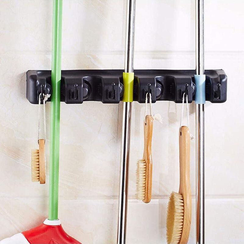 Wall Mounted Mop & Broom Holder with Hooks 5 Slot | Grey