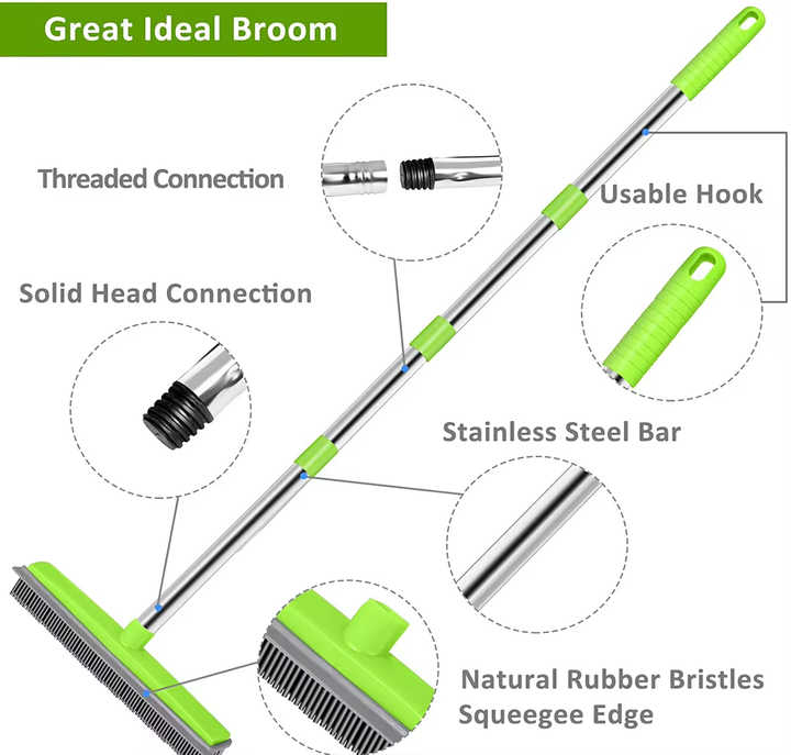 Black and Silver Versatile Pet Hair Remover Rubber Broom & Squeegee - 125cm Adjustable Stainless Steel Handle for Carpets, Floors & Windows