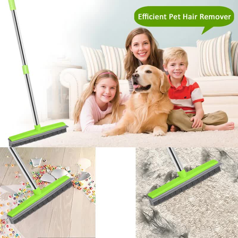 Light Grey and Silver Versatile Pet Hair Remover Rubber Broom & Squeegee - 125cm Adjustable Stainless Steel Handle for Carpets, Floors & Windows