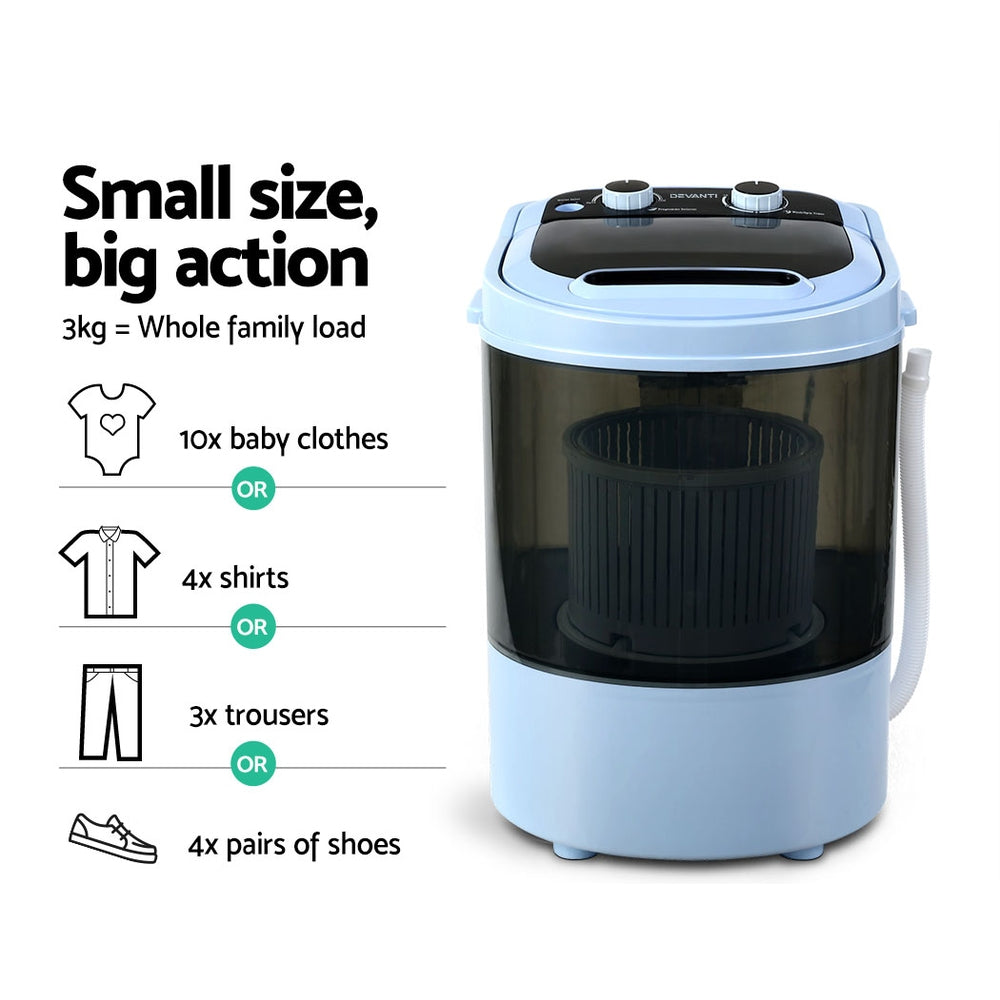 Devanti Portable Washing Machine for Small Loads | 3kg Capacity | Black