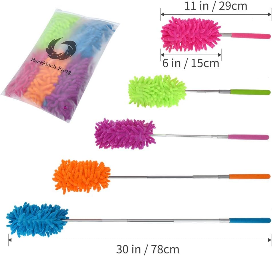 Washable Dusters for Cleaning, Phoenixes Feather Duster Extendable Dusting Wand 11"-30", Wet or Dry Use (5 Pcs)